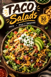 Taco salad in a bowl with seasoned ground beef, shredded lettuce, black beans, corn, avocado, and cherry tomatoes.