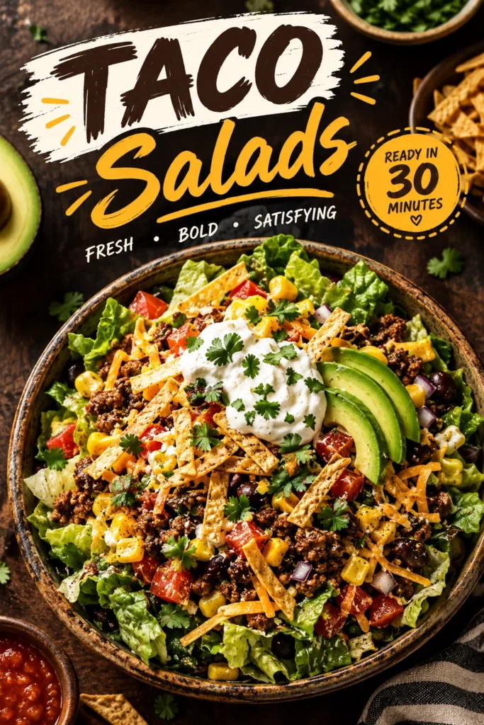 Taco salad in a bowl with seasoned ground beef, shredded lettuce, black beans, corn, avocado, and cherry tomatoes.