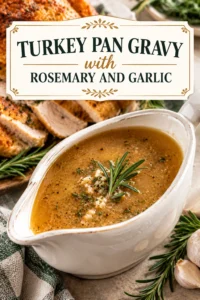 A white ceramic gravy boat filled with smooth brown turkey gravy, garnished with a fresh sprig of rosemary.