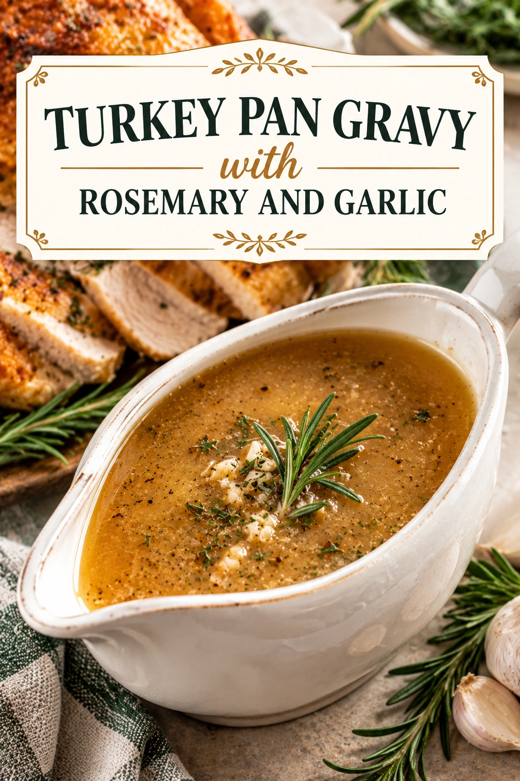 A white ceramic gravy boat filled with smooth brown turkey gravy, garnished with a fresh sprig of rosemary.