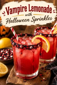 Glass of bright yellow lemonade topped with ice, garnished with Halloween-themed sprinkles and a small plastic vampire fang.