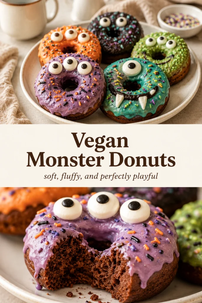 Vegan donuts topped with bright purple icing and colorful rainbow sprinkles, stacked on a white plate.