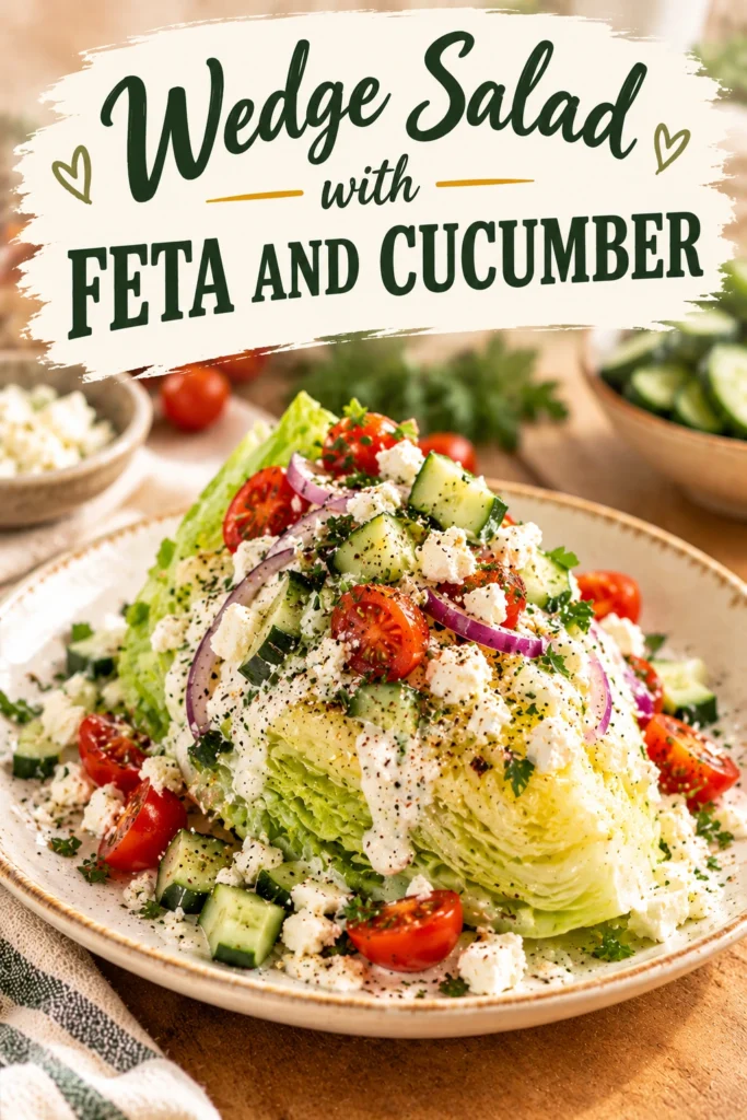 A wedge of iceberg lettuce topped with crumbled feta cheese, sliced cucumbers, and a creamy dressing on a plate.