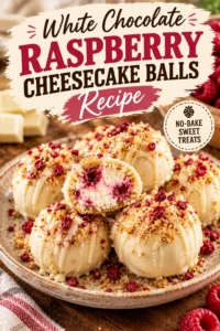 White chocolate raspberry cheesecake balls drizzled with melted white chocolate and topped with fresh raspberries on a white platter.