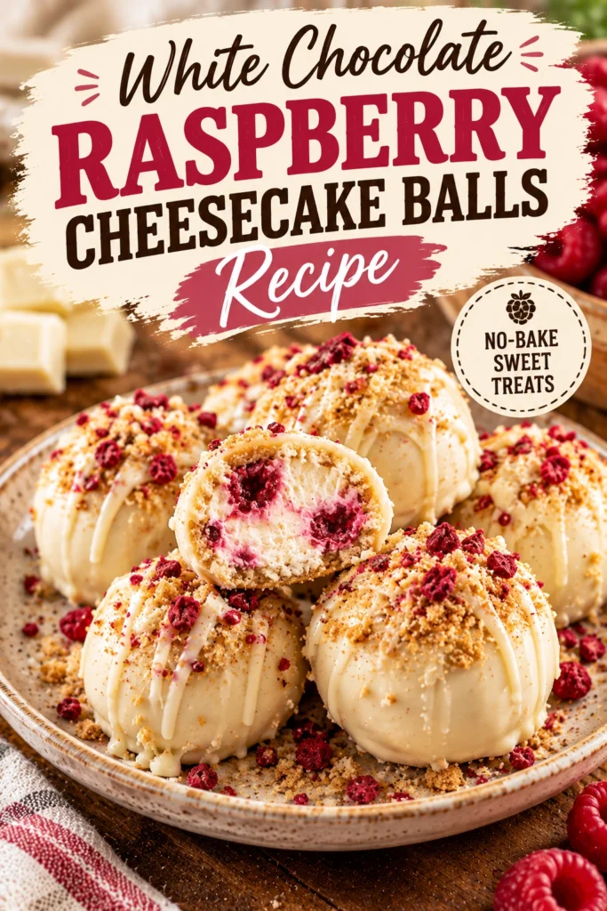 White chocolate raspberry cheesecake balls drizzled with melted white chocolate and topped with fresh raspberries on a white platter.