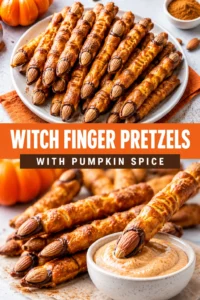 Long, finger-shaped pretzels coated in pumpkin spice sugar with sliced almond fingernails, arranged on a rustic wooden board.
