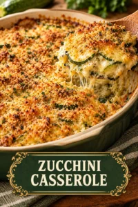 A baked cheesy garlic zucchini casserole in a white dish, topped with melted golden-brown cheese and fresh parsley.