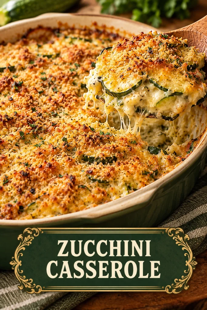 A baked cheesy garlic zucchini casserole in a white dish, topped with melted golden-brown cheese and fresh parsley.